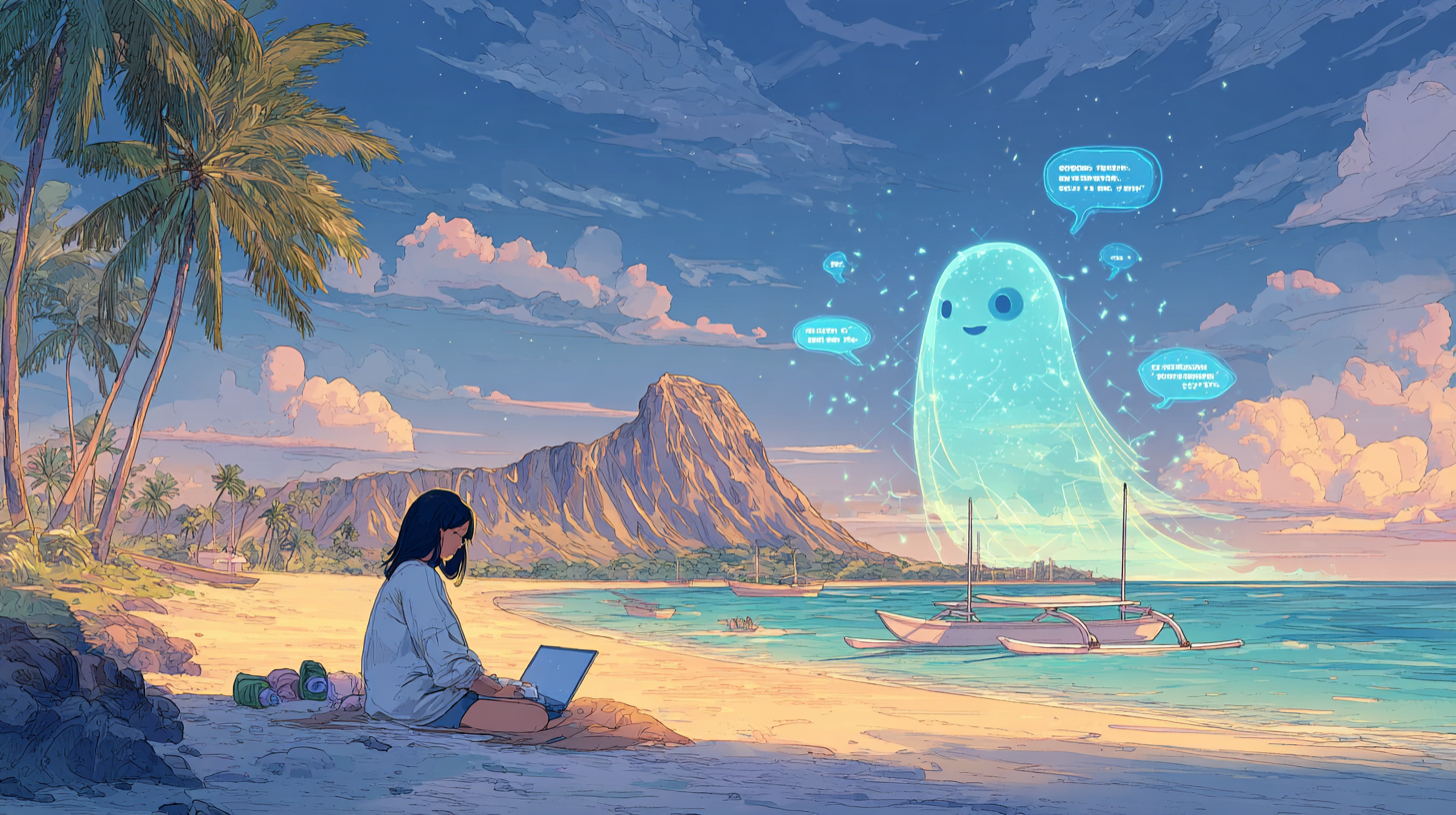 beach scene with chat spirit