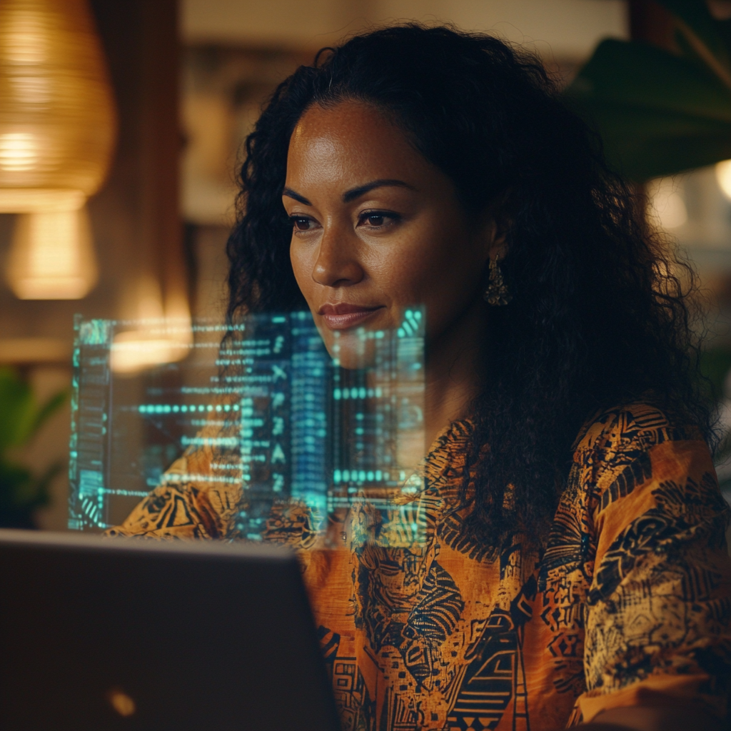 Hawaiian female with laptop and data analytics