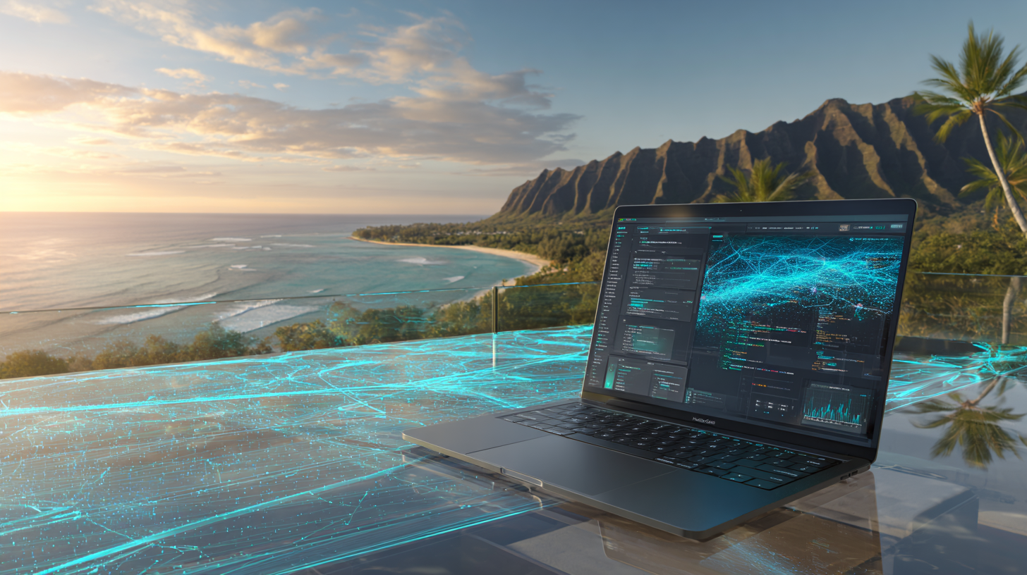 Hawaiian scene with digital overlay and laptop