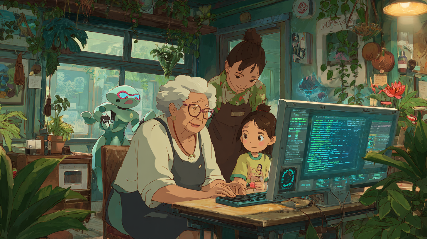multi-generational family in Hawaii learning new technology