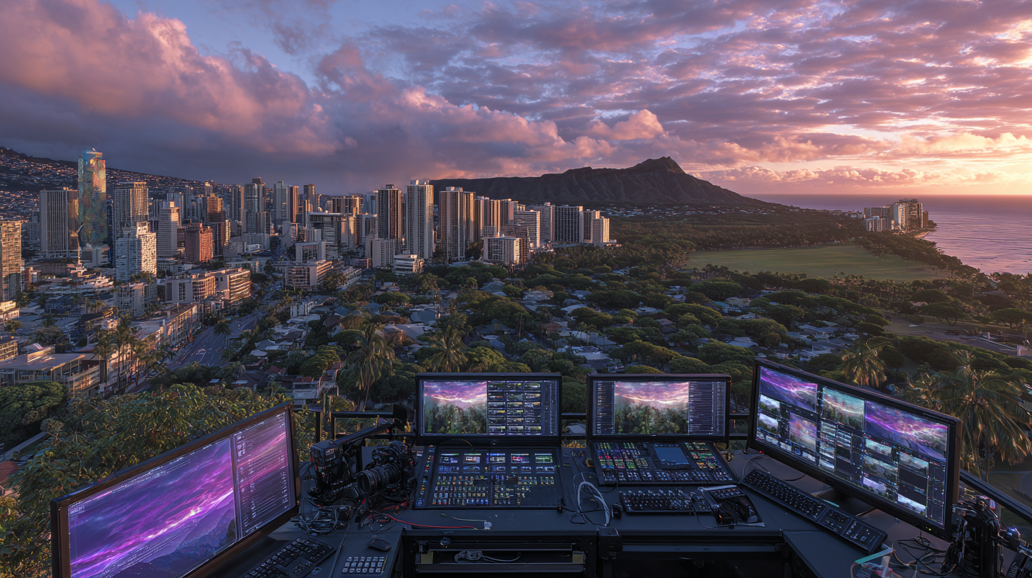 Video production overlooking beautiful Hawaiian scene.